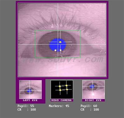 Partial screen shot of the Tracker Host Computer display screen during subject setup. The lower three images are from the three cameras (left eye, head, right eye). The upper image is of the selected left eye. In the eye images, the thresholded pupil area is shown in blue, while the thresholded corneal reflection is shown in yellow. The cross hairs in the eye images indicate the position of pupil center and the center of the corneal reflection. The head camera image shows the 4 LED markers around the display computer monitor.